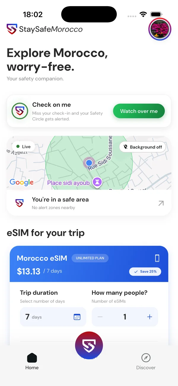 The StaySafe Morocco app home screen showing Check on me, the live safety map and the eSIM card