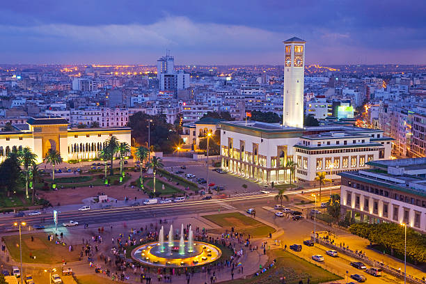 Morocco, Casablanca, Place Mohammed V.The Palais de Justice (law courts) building on the left and the Ancienne Prefecture (Old Police Station) on the right.