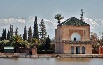 Menara gardens pavilion with the Atlas mountains, Marrakesh, Morocco