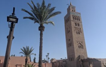 The Koutoubia Mosque and gardens in Marrakech at golden hour